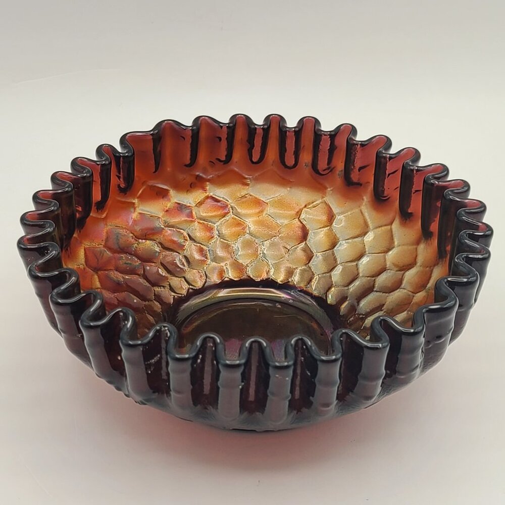 Antique Dugan Amethyst Carnival Glass Honeycomb and Beads Crimped Bowl 5.5" Diam